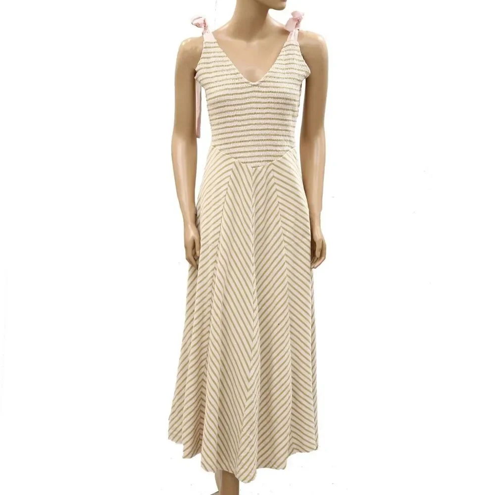 Free People Free-Est Cecelia Midi Dress Striped Printed Smocked Cotton XS 287176